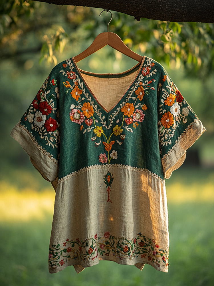 Floral Embroidered V-neck Linen Blend T-shirt