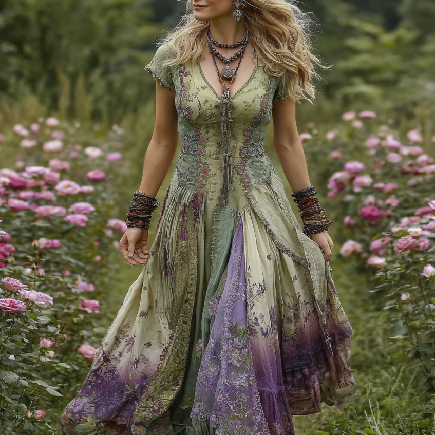 Vintage Gradient Purple Floral Embroidered Linen Maxi Dress