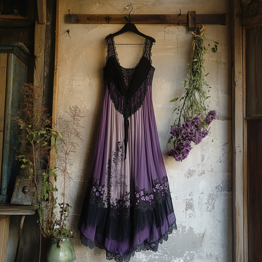 Boho Floral Embroidered Pattern Lace Patchwork Art Linen Dress