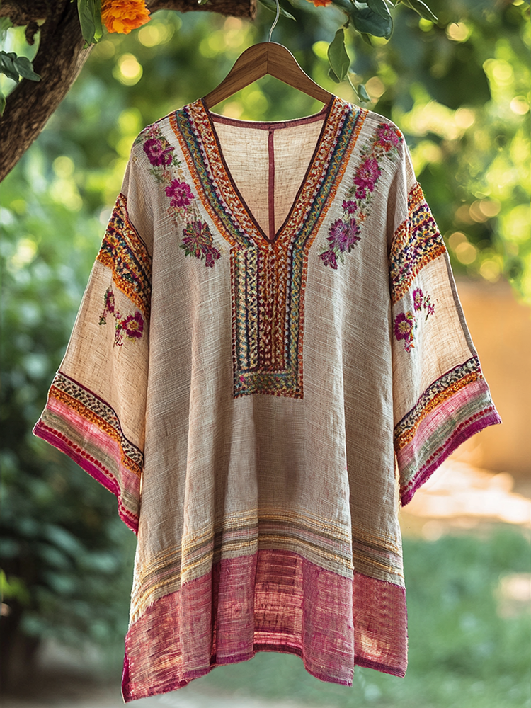 Women's Vintage Embroidered Flower V-neck Linen Blend Loose T-shirt