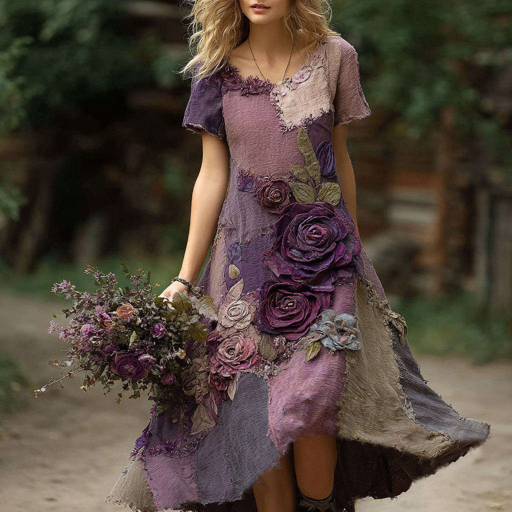 Classy Purple Patchwork And Floral Embroidered Linen Maxi Dress
