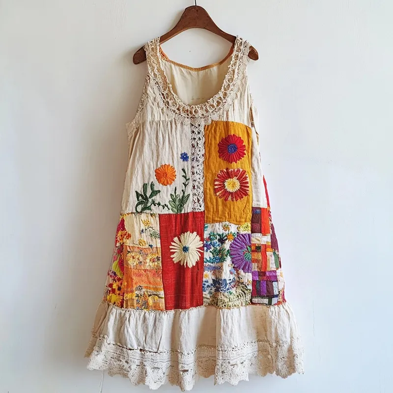 Floral Embroidered Lace Patchwork Linen Blend Dress