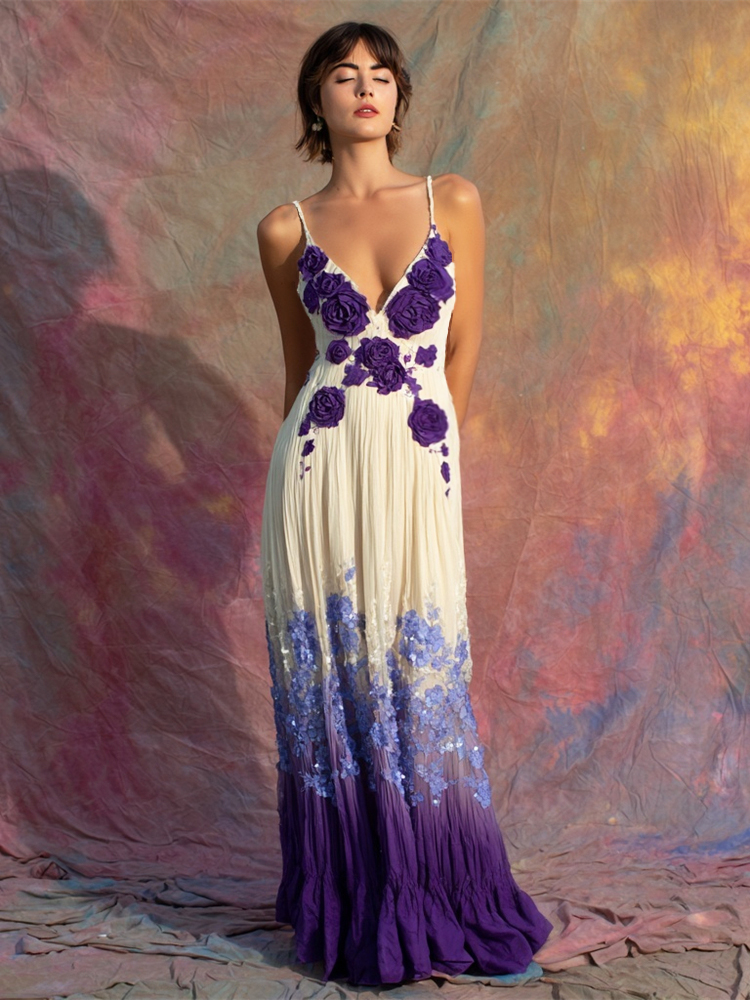 Elegant Boho Floral Sequin Embroidery Women's Spaghetti Strap Maxi Dress
