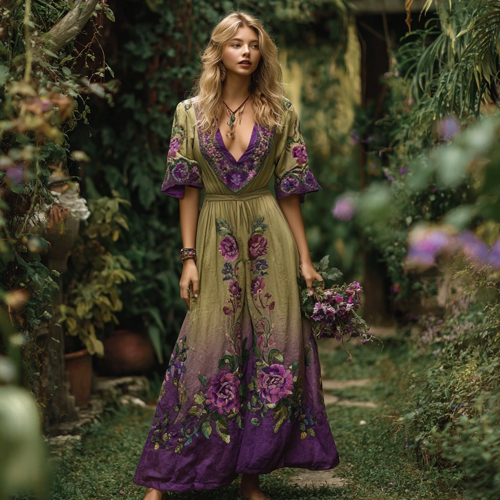 Vintage Gradient Purple Floral Embroidered V Neck Linen Blend Maxi Dress