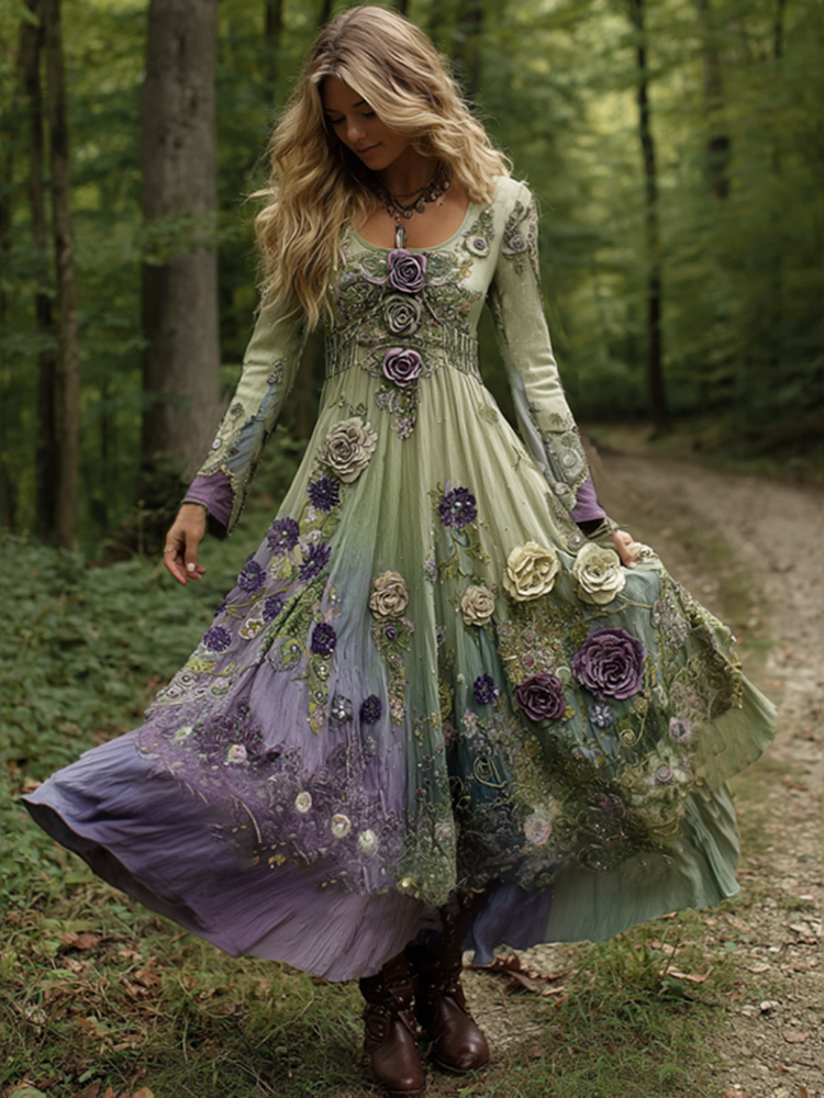 Vintage Classy Gradient Purple Lavender And Floral Embroidered Linen Maxi Dress