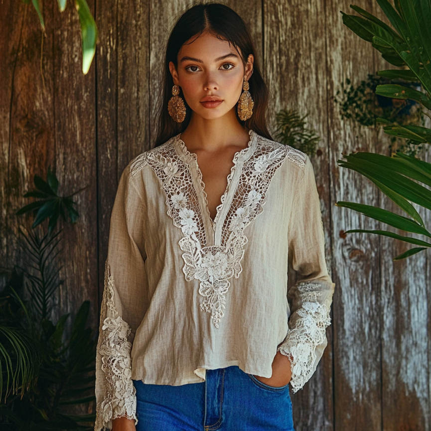 Women's Retro Floral Lace Embroidery Art V-neck Shirt