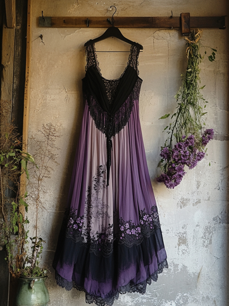 Boho Floral Embroidered Pattern Lace Patchwork Art Linen Dress