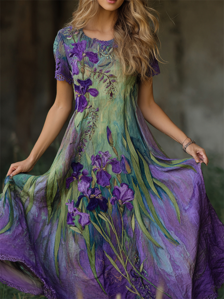 Oil Painting Purple Irises Embroidered Lace Patchwork Linen Maxi Dress