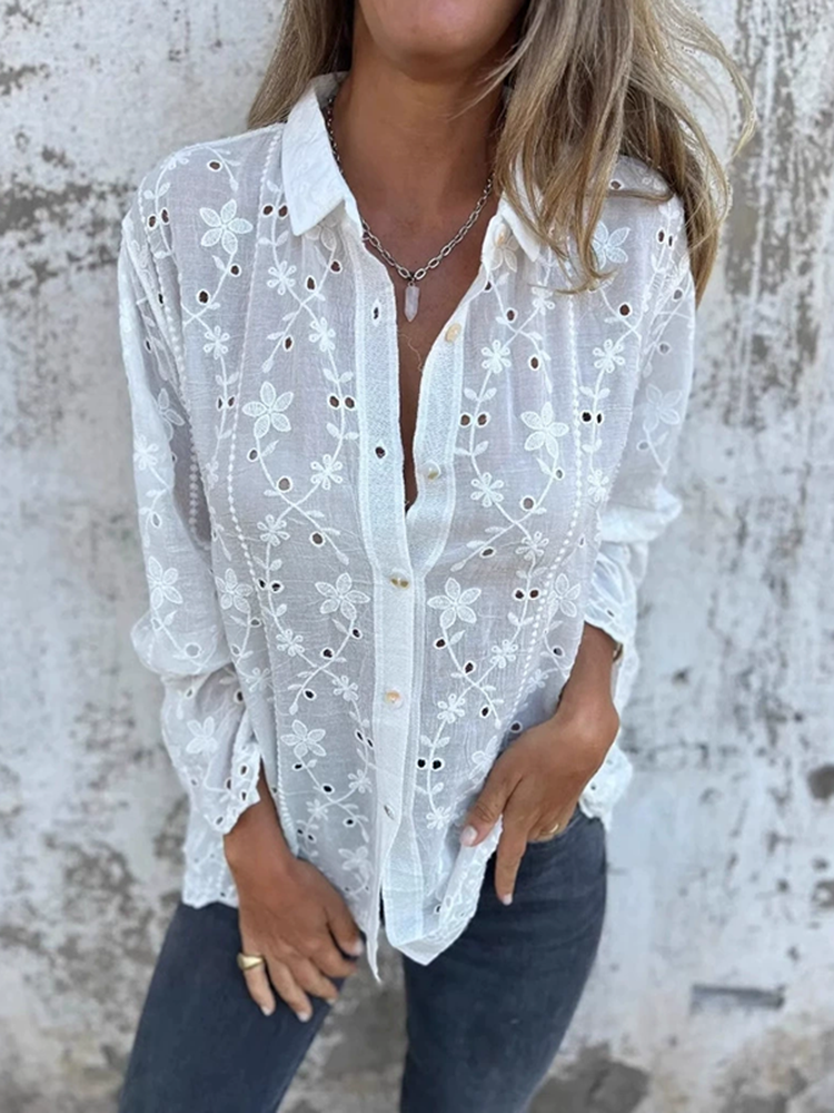 New Embroidered Lace Cotton Linen Women's Shirt