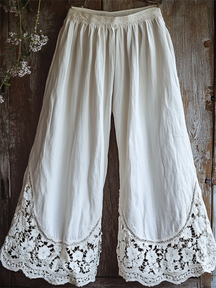 Vintage Boho Floral Lace Hem Wide Leg Linen Pants