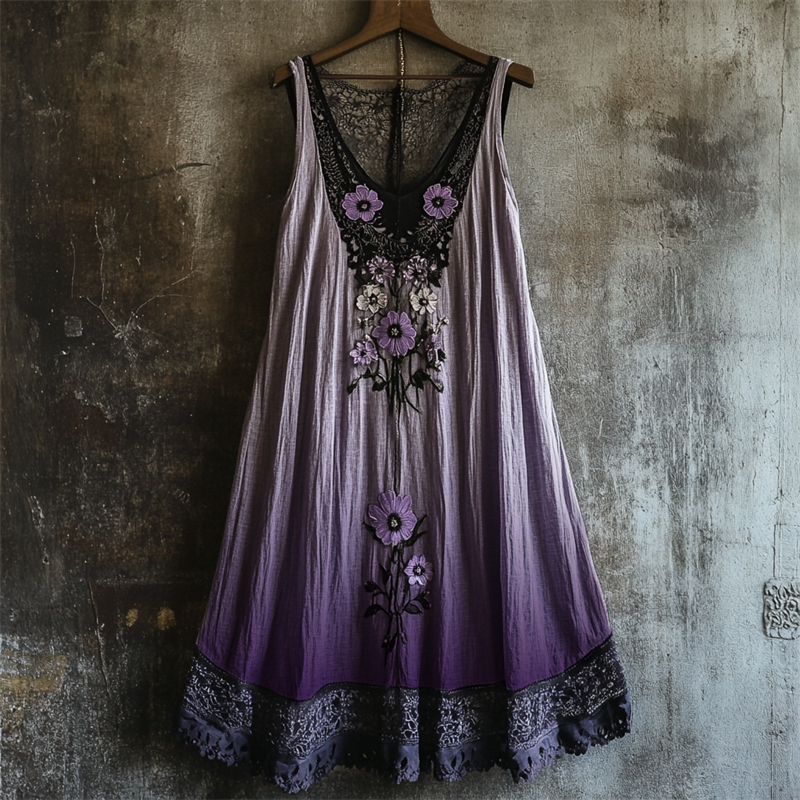 Boho Floral Embroidered Lace Patchwork Gradient Linen Dress