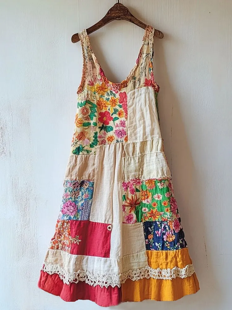 Boho Floral Pattern Patchwork Linen Blend Dress
