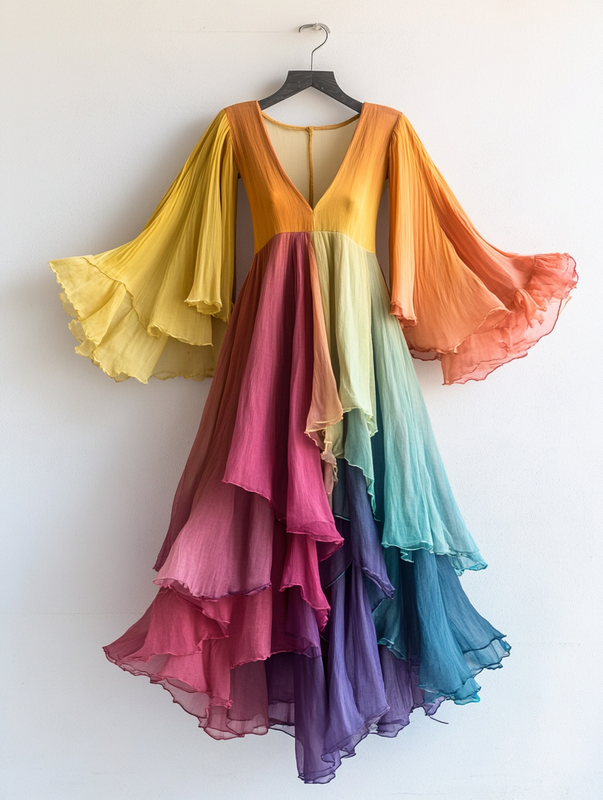 Contrast Rainbow Ruffle Chiffon Dress