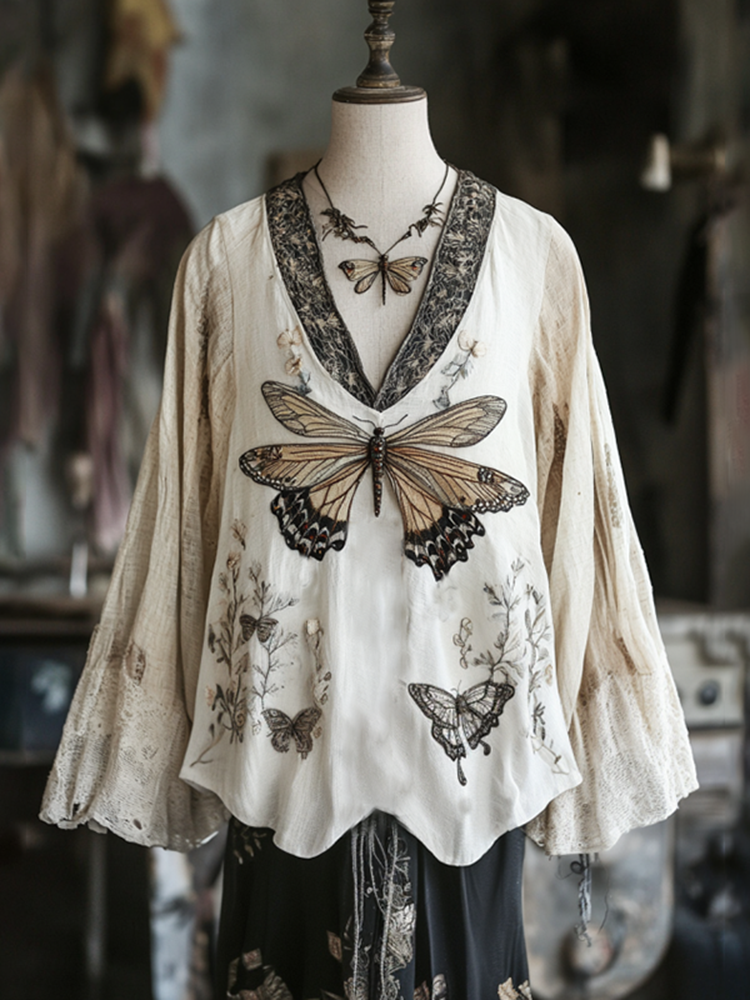 Women's Floral Dragonfly Embroidery Linen Art V-neck Shirt