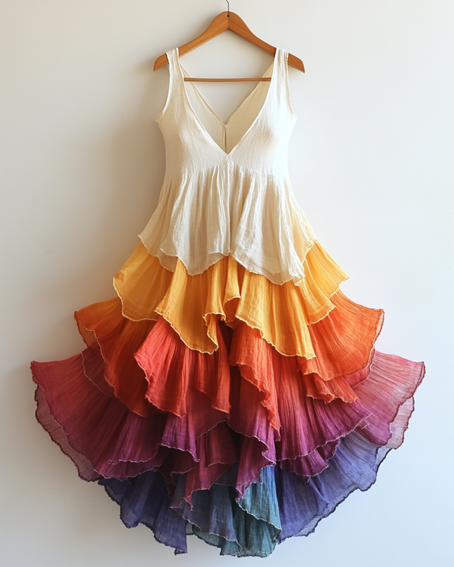 Summer Rainbow Contrast Gradient Chiffon Dress
