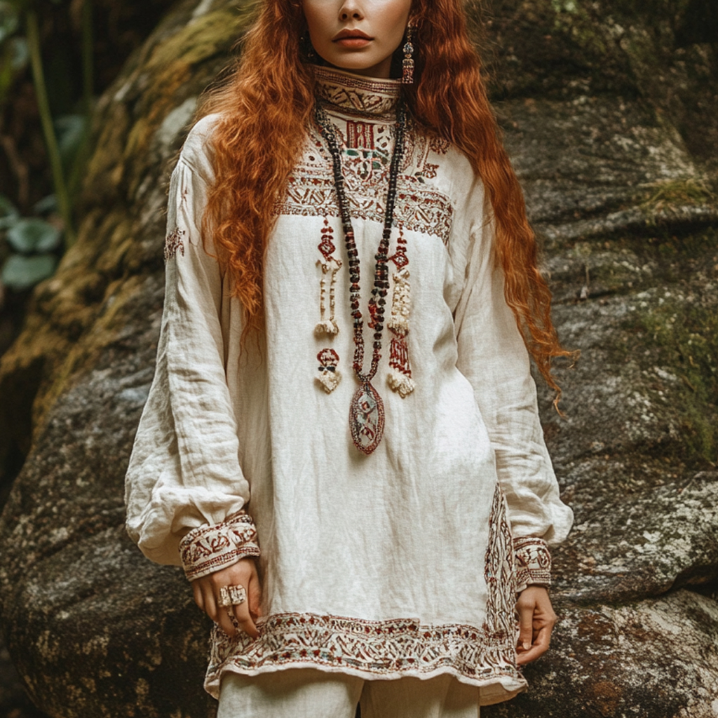 Bohemian Holiday Style Vintage Embroidered Print Casual Long-sleeved Top