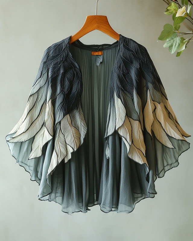 Summer comfortable handmade feather theme embroidery print gradient color cardigan
