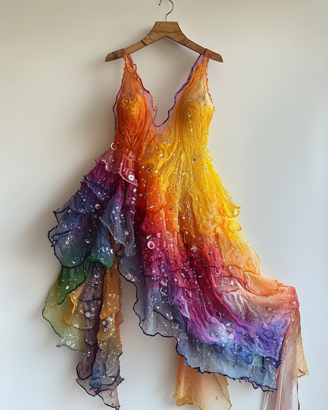 Vacation Handmade Color-Blocking Rainbow Irregular Dress