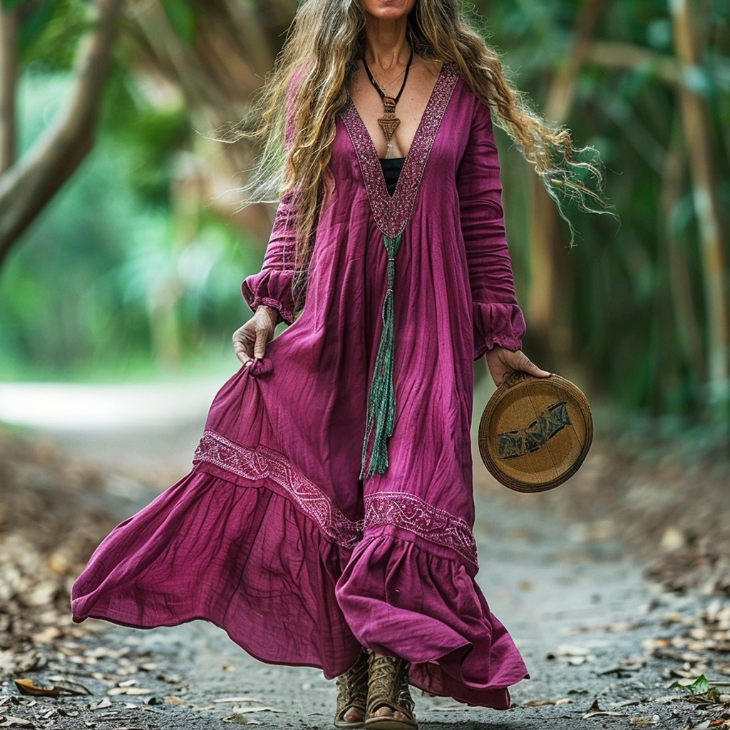 Women's Linen Bohemian Long-sleeve Casual Loose Maxi Long Dress