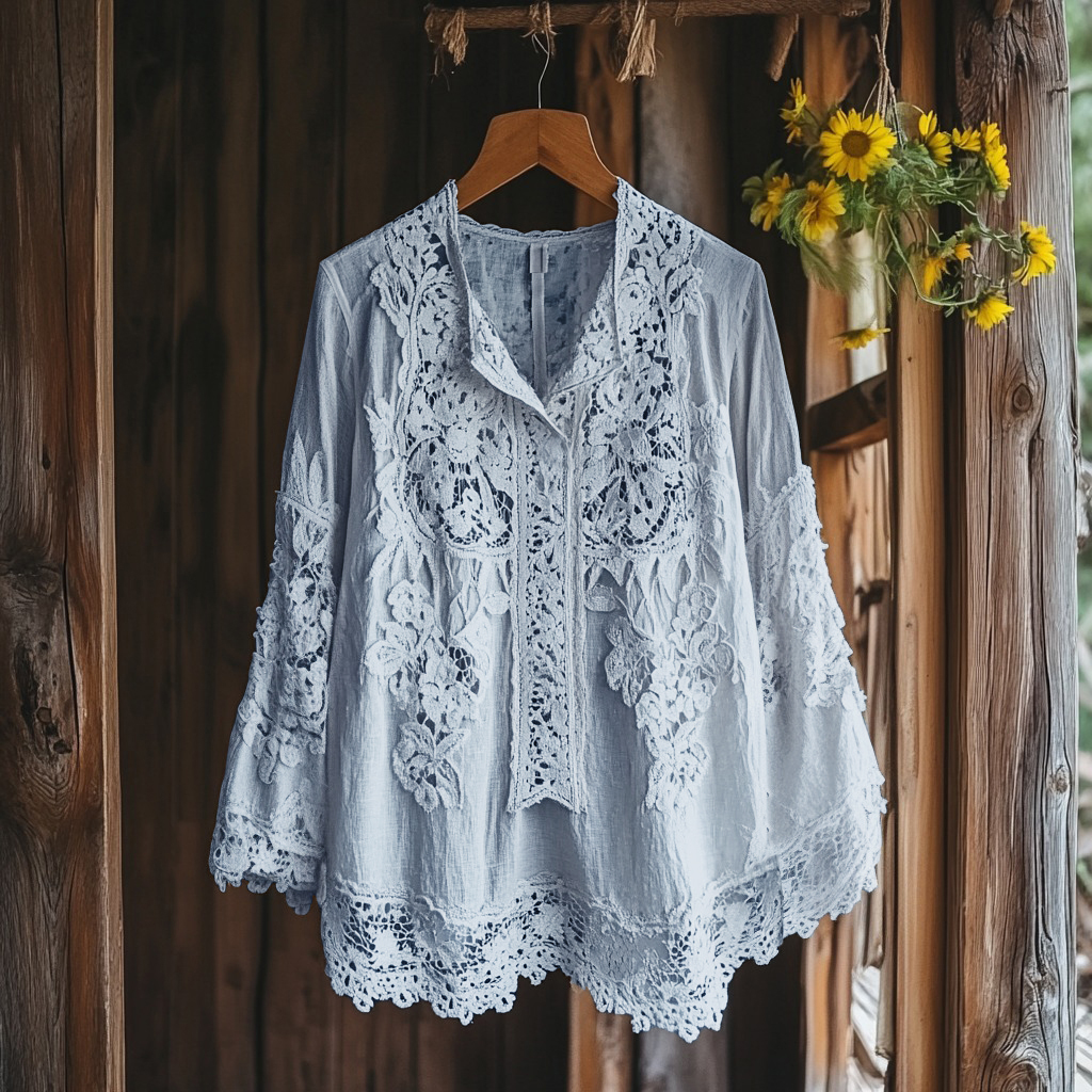 Women's Retro Floral Lace Embroidery Art V-neck Shirt