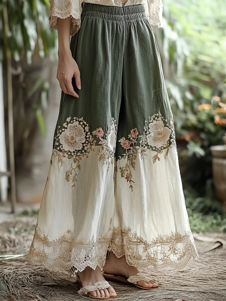 Vintage Floral Embroidered Linen Blend Lace Casual Pants