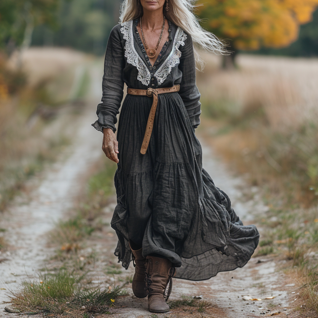 Women's Vintage V-neck Linen Long-sleeve Maxi Long Dress