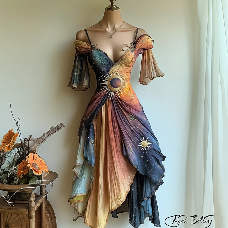 Hand-made color matching star and moon embroidery irregular dress