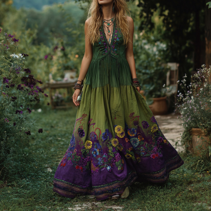 Vintage Purple Flowers Embroidered Gradient Linen Maxi Dress