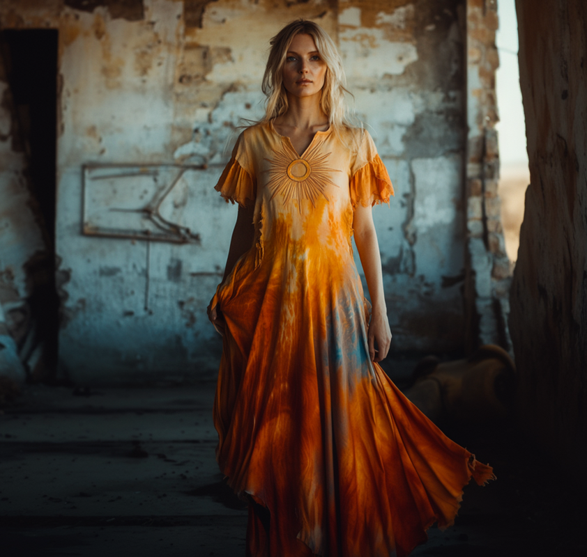 Tie-dye gradient star and moon embroidery retro casual dress