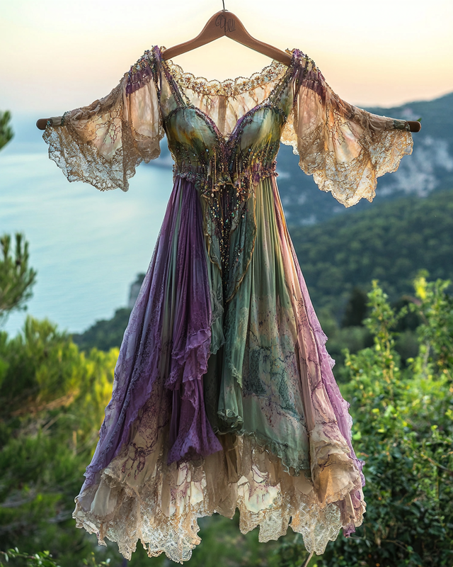 Summer Vacation Ruffle Lace Contrast Color Dress