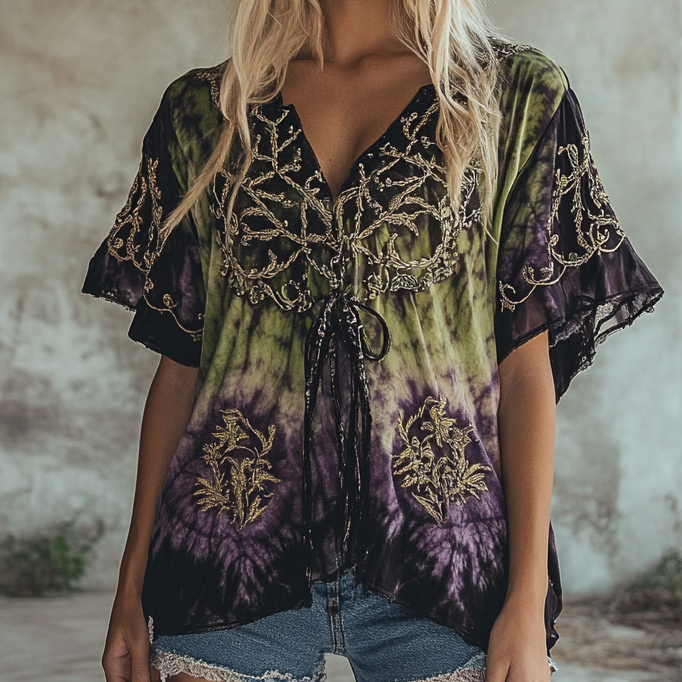 Ethnic handmade star and moon embroidery irregular off-shoulder top