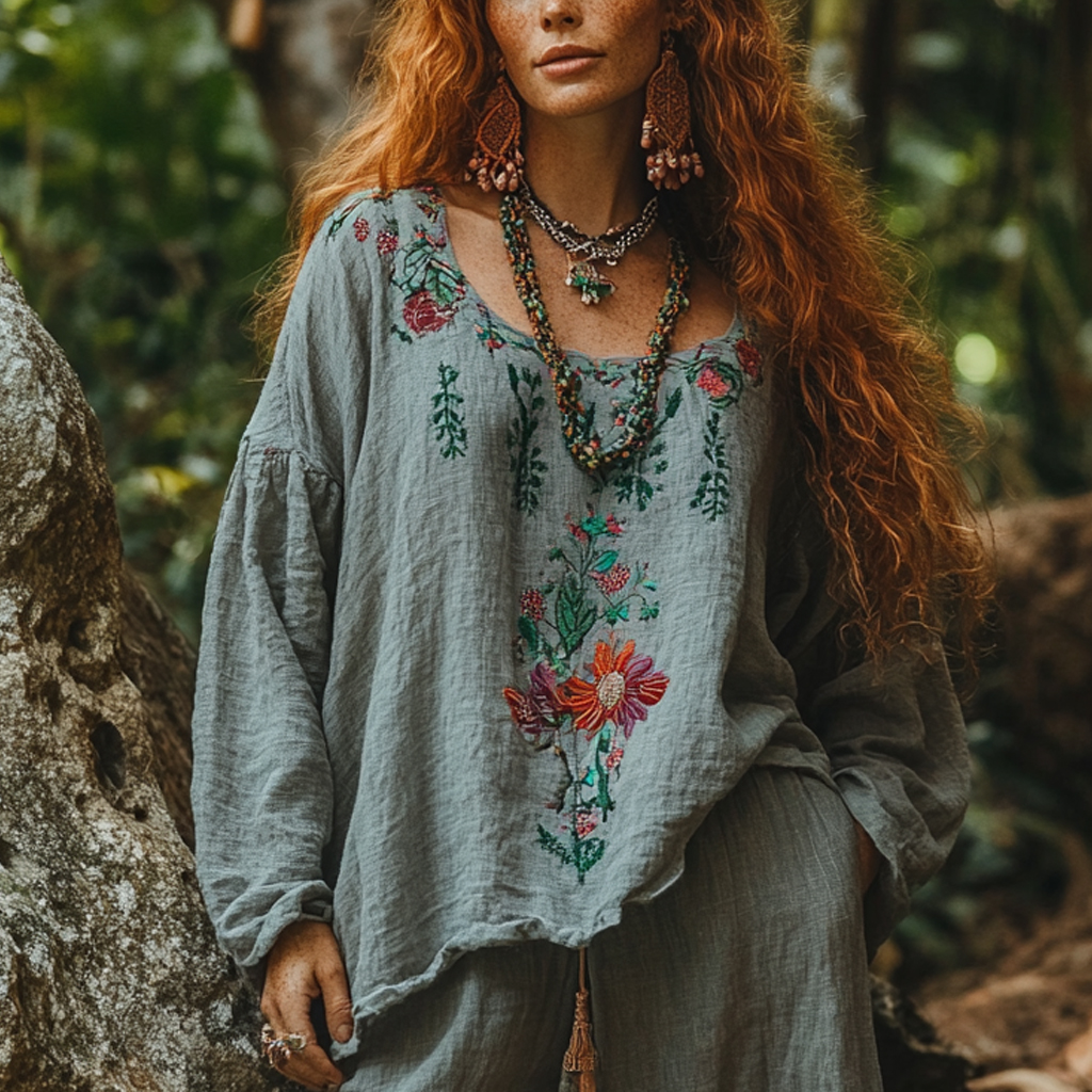 Bohemian Holiday Style Vintage Embroidered Print Casual Long-sleeved Top