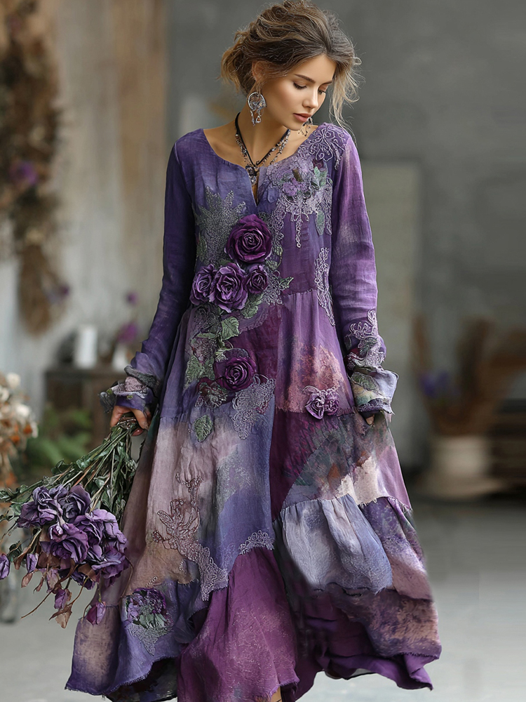 Vintage Bohemian Embroidered Floral Patchwork Maxi Dress