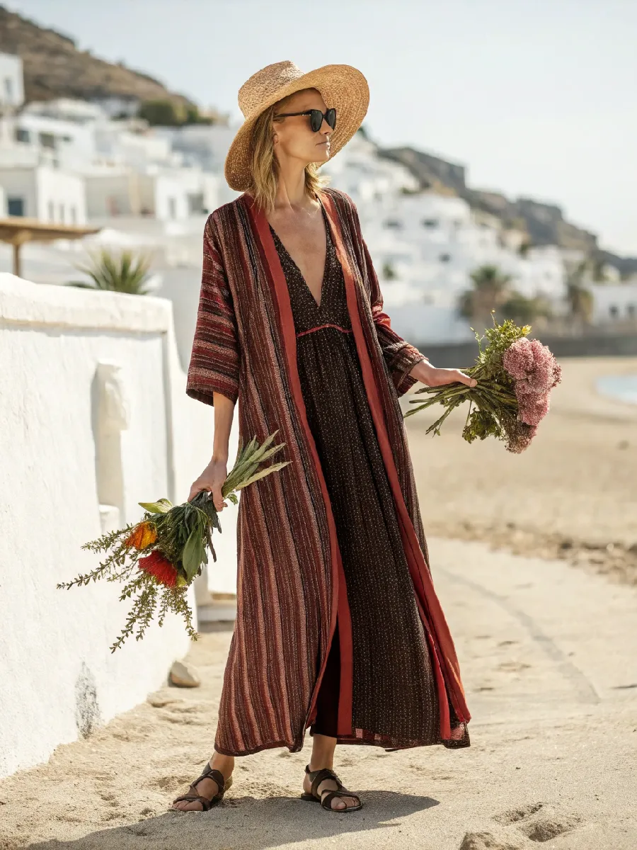 Women's cotton and linen striped robe suit