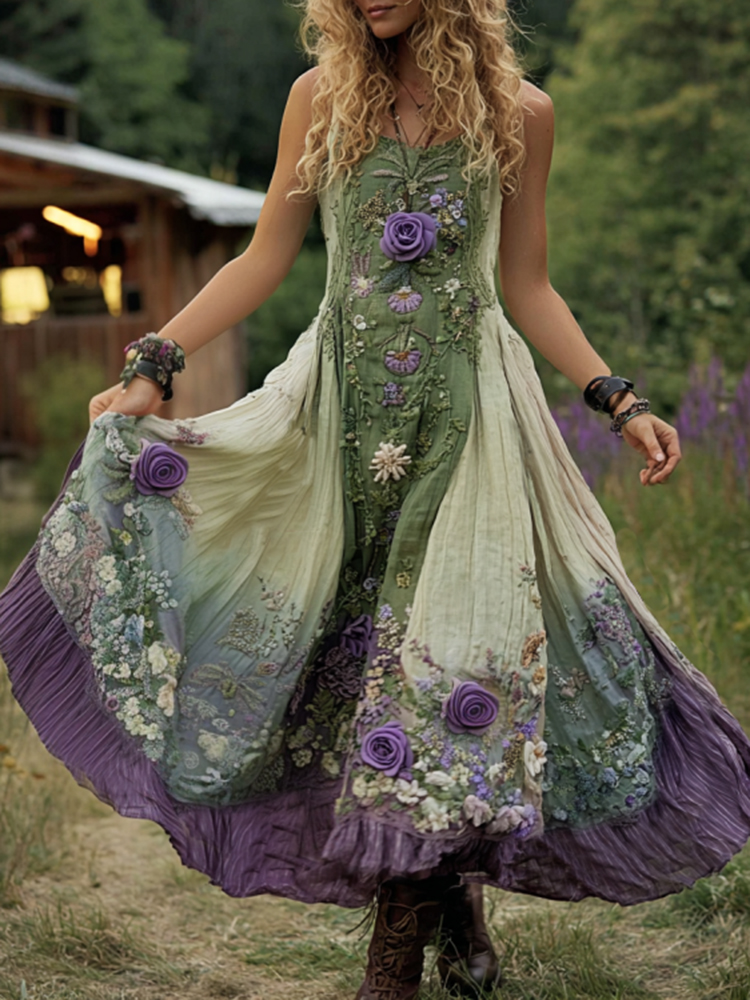 Vintage Classy Gradient Purple Lavender And Floral Embroidered Linen Sleeveless Maxi Dress