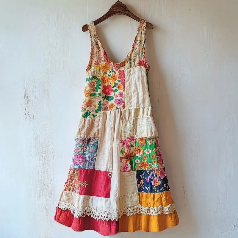 Boho Floral Pattern Patchwork Linen Blend Dress