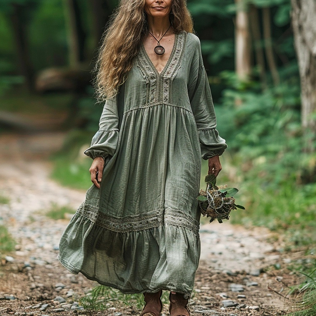 Women's Linen Bohemian Casual Loose Long-sleeve Maxi Long Dress
