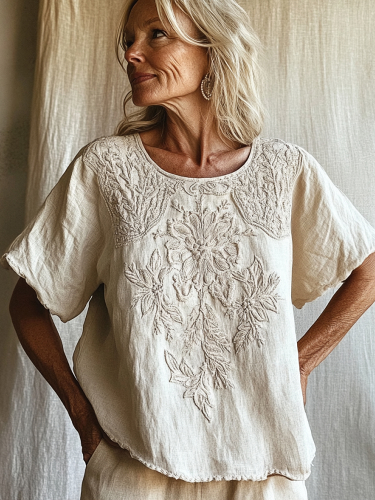 Vintage Floral Art Cotton Linen Comfy Shirt