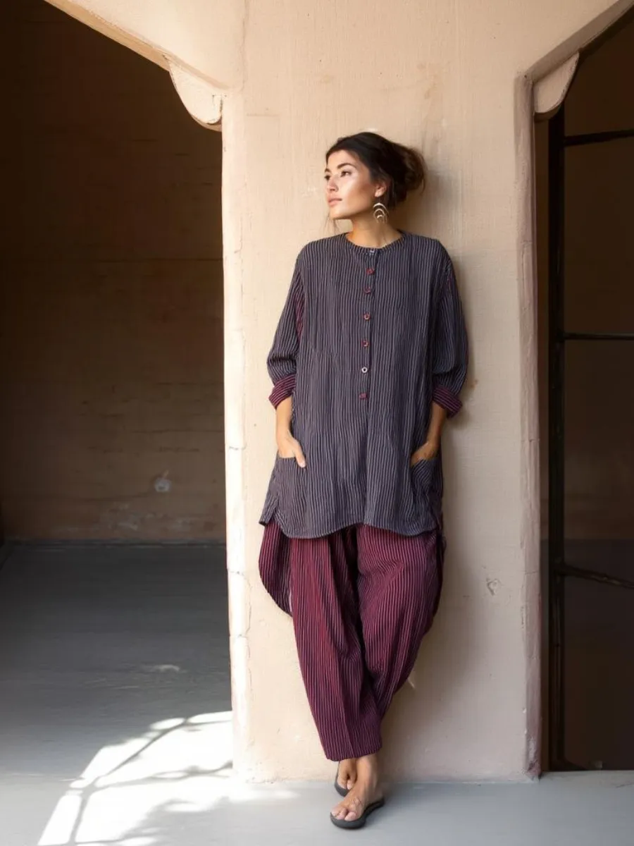 Women's cotton and linen round neck long sleeve suit