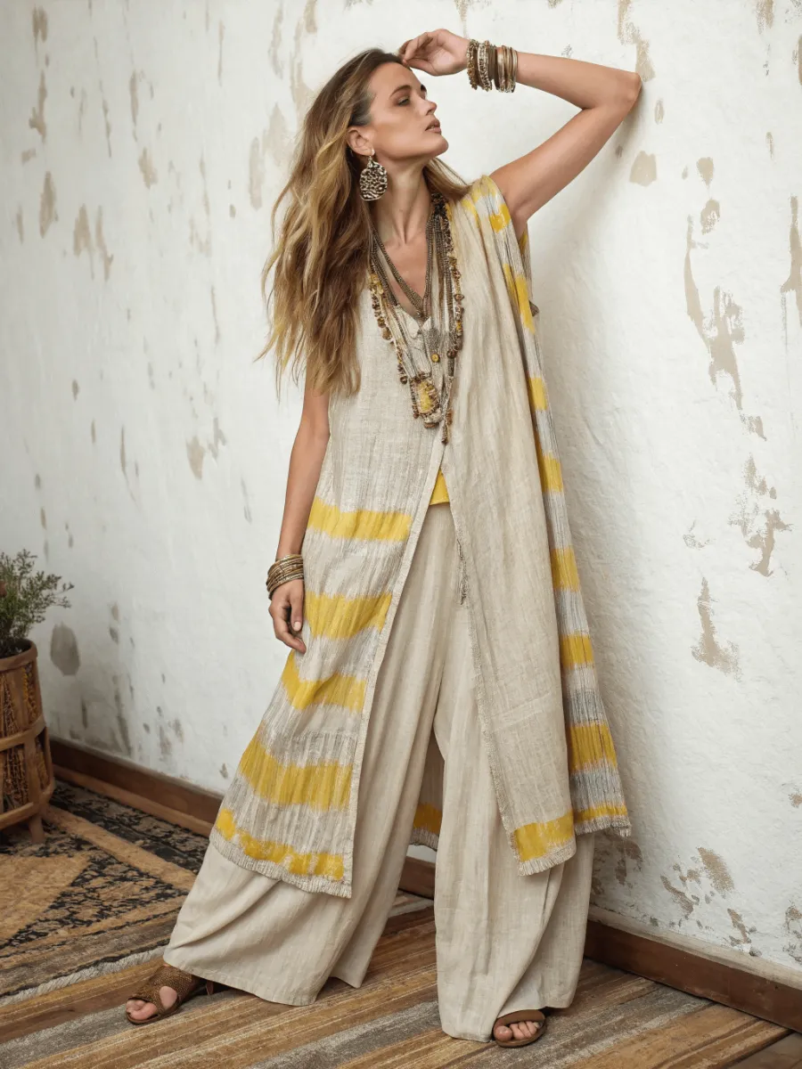 Women's cotton and linen long vest suit