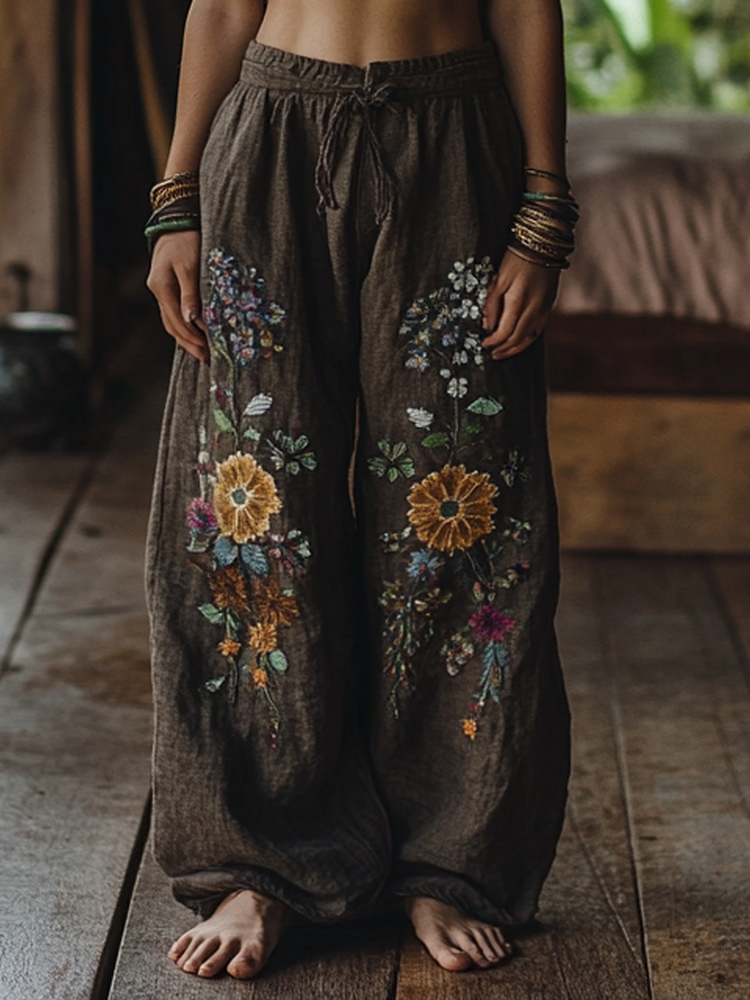 Vintage Bohemian Resort Forest Floral Art Printed Cotton Linen Wide Leg Pants