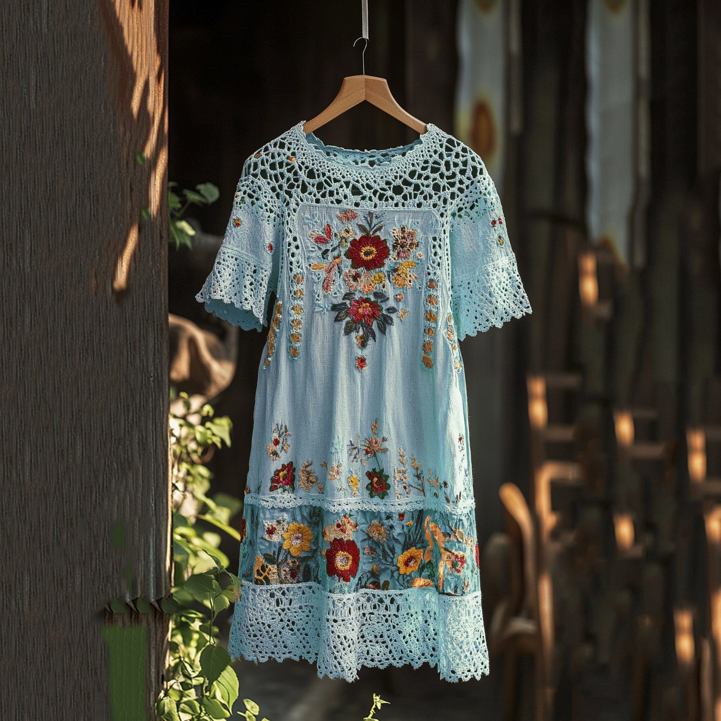 Women's Embroidered Floral Lace Round Neck Midi Dress