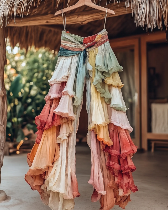 Summer Embroidered Ruffle Lace Patchwork Pants