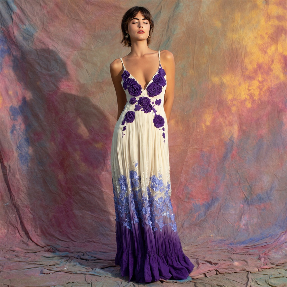 Elegant Boho Floral Sequin Embroidery Women's Spaghetti Strap Maxi Dress