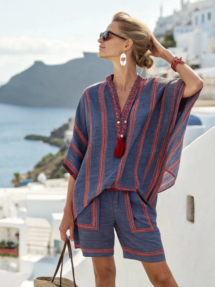 Cotton and linen women's striped suit