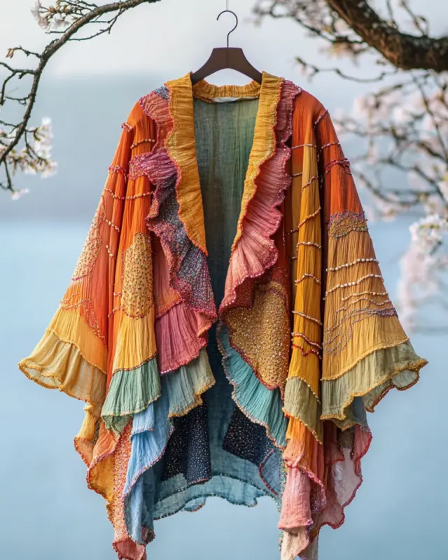 Summer Vacation Ruffle Lace Rainbow Contrast Kimono