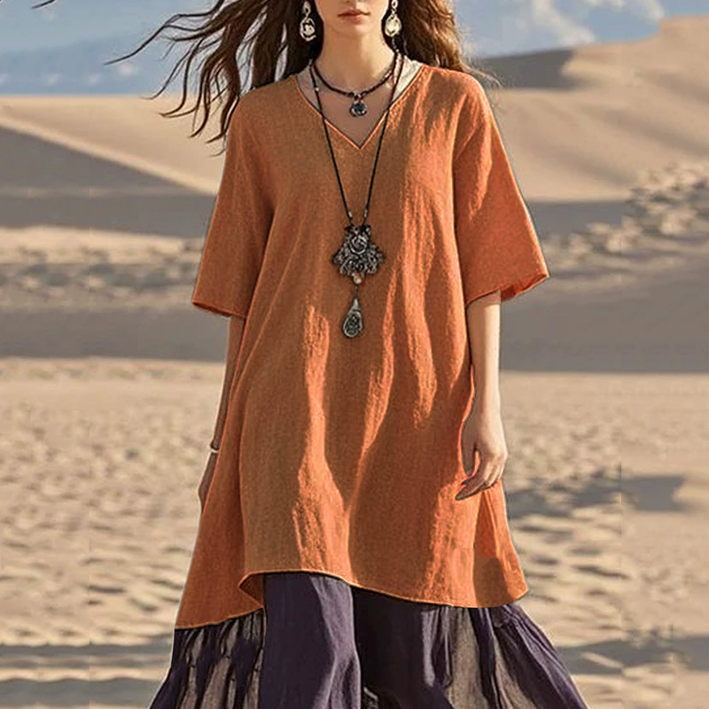 Vintage Colorblocked Linen Blend Cozy Maxi Dress