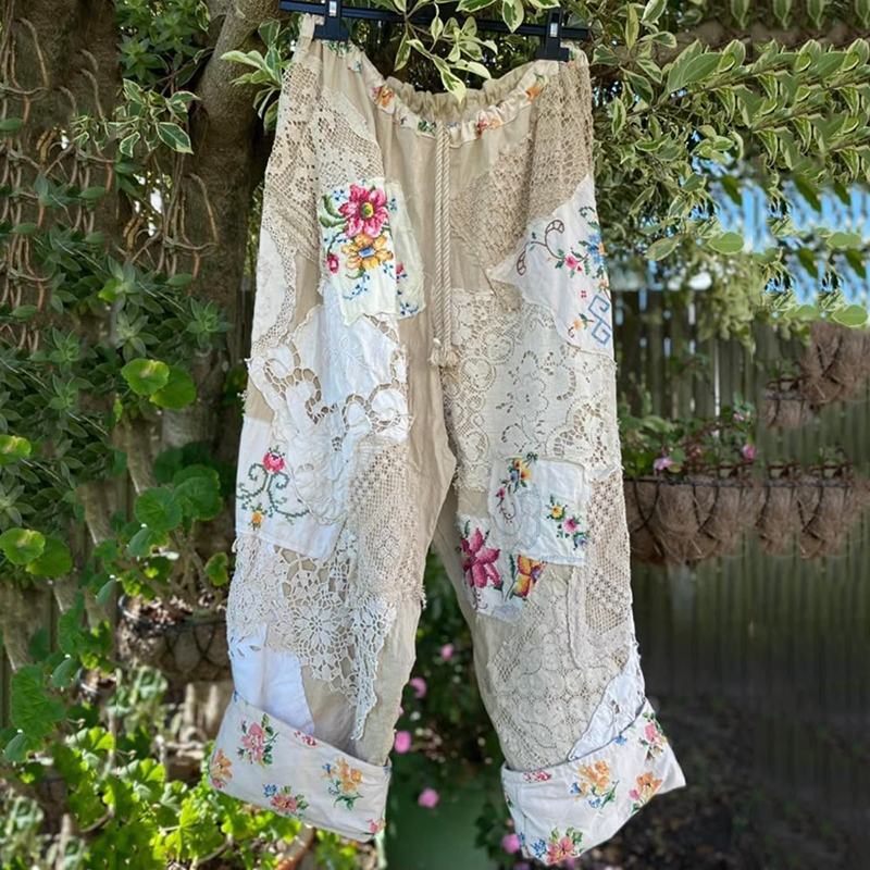 Vintage Floral Lace Patchwork Fabric Casual Wide-leg Pants