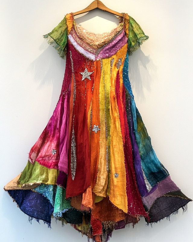 Handmade color block gradient rainbow stars dress