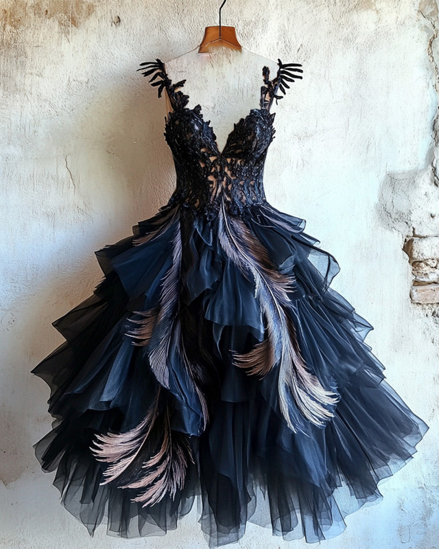 Summer fashion trendy feather theme print irregular multi-layer dress